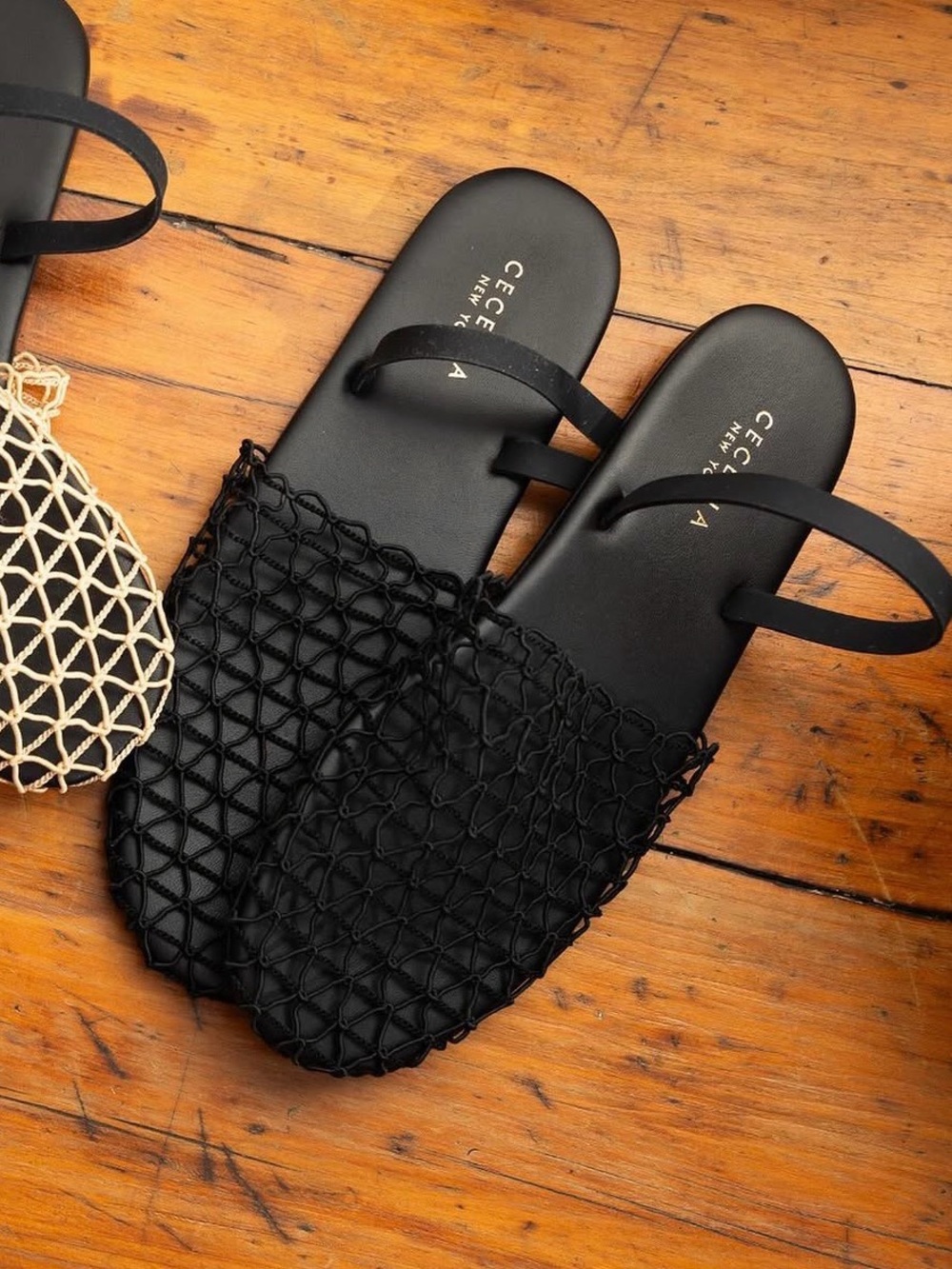 Cecelia New York Aria Flats Sandals Black Net Mesh Upper Sling Back